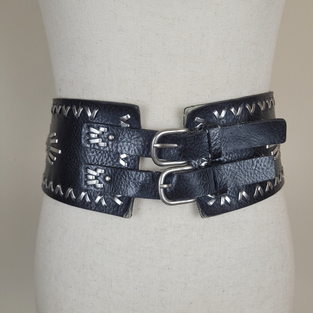 Nine West Belt Medium Black Studded Whipstitch Double Buckle Corset Cowgirl Boho